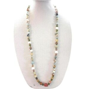 Handmade Gemstone & Freshwater Pearl Beaded Necklace Silver Clasp 36"